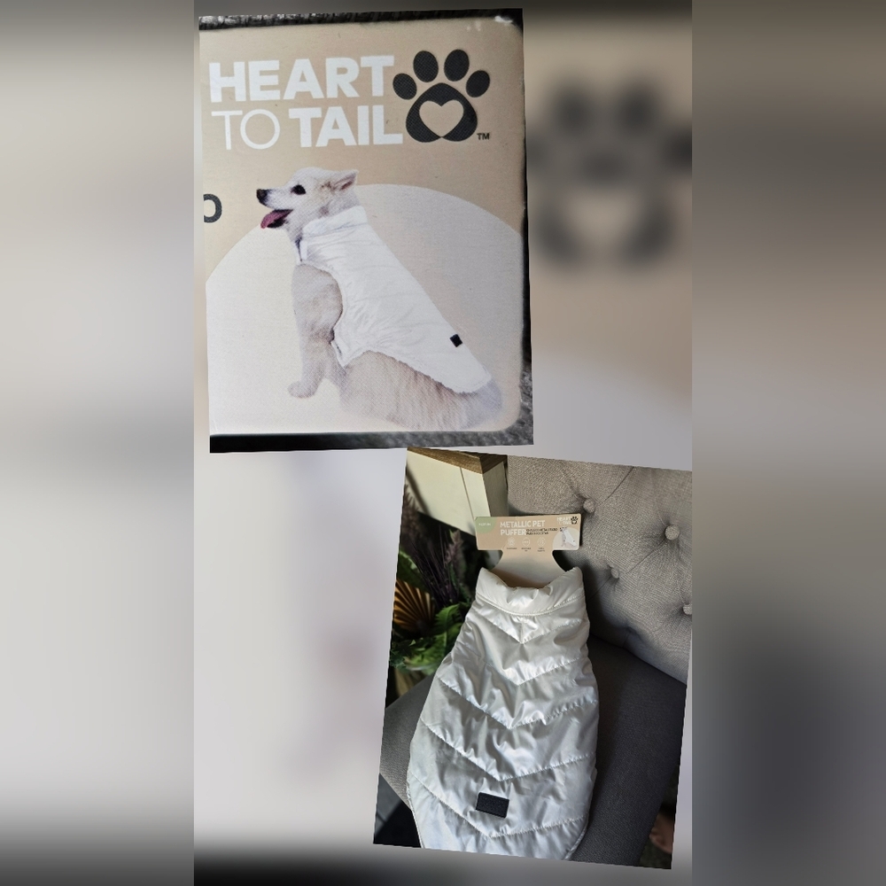 Heart To Tail White Metallic Pet Puffer Jacket- Medium